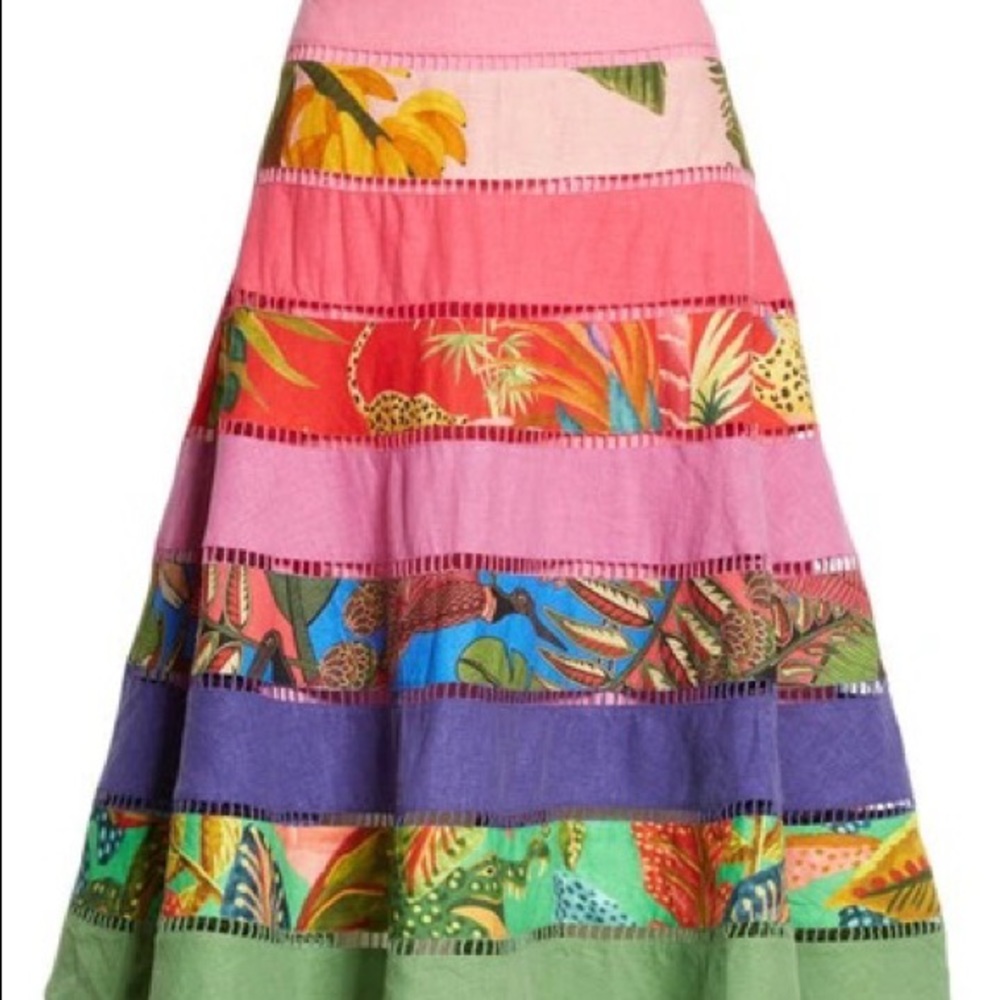 Farm Rio Rainbow Mixed Print Tiered Linen Blend Skirt In Mix Print - Picture 2 of 4